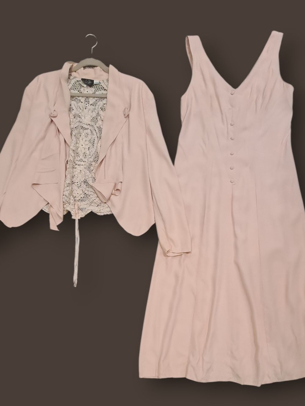 Vintage Pink Wild Rose Women 2 Piece Dress & Crochet Laced Back Jacket Size 14 - Picture 2 of 16